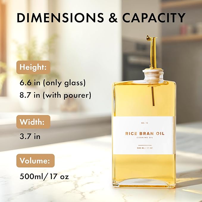 Glass Olive Oil Dispenser Bottle Set [2x17oz]: 36 Premium Gold Labels, Oil Dispenser for kitchen, Vinegar Bottle Set, Glass Dispensers for Soy Sauce, Syrup Bottles | Set of 2