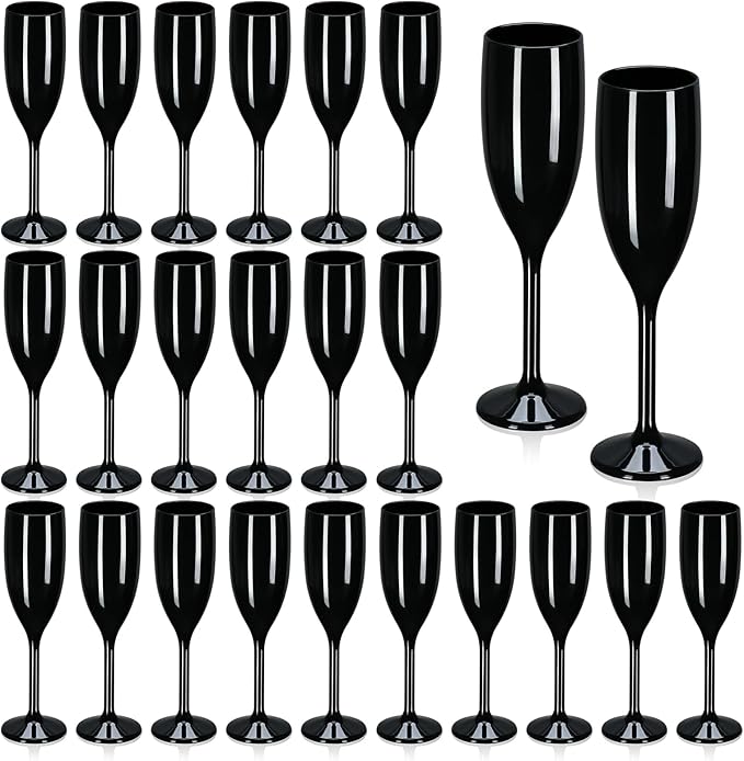 XUWAIDSGN Acrylic Champagne Flutes Toasting Glasses Unbreakable Mimosa Bar Reusable Wine Glasses Vintage Champagne Flutes Stemmed Drinking Cups 5.4 OZ for Christmas Birthday (24, Black)
