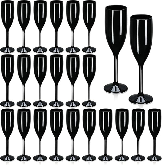 XUWAIDSGN Acrylic Champagne Flutes Toasting Glasses Unbreakable Mimosa Bar Reusable Wine Glasses Vintage Champagne Flutes Stemmed Drinking Cups 5.4 OZ for Christmas Birthday (24, Black)