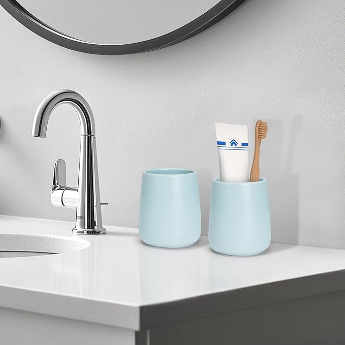 Bathroom Tumbler Cup Ceramic 13.5oz Reusable Toothbrush Cup 400ml,Toothbrush Holder Adequate for Your Bathroom (Cyan)