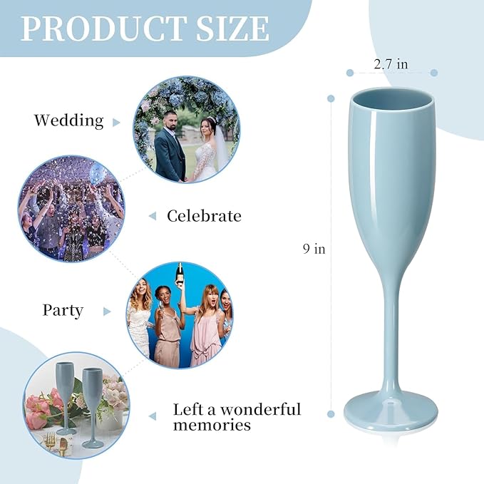 XUWAIDSGN Acrylic Champagne Flutes Toasting Glasses Unbreakable Mimosa Bar Reusable Wine Glasses Vintage Champagne Flutes Stemmed Drinking Cups 5.4 OZ for Christmas Birthday (10, Blue)