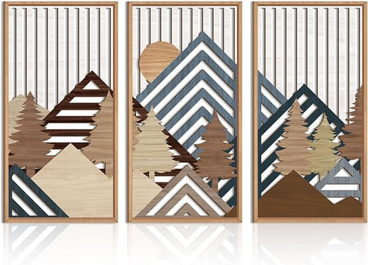 IARTTOP Large Mountain Wood Wall Art 16"x32"x3 Abstract Forest Wall Sculpture Geometric Boho Sunset Wilderness Artwork for Bedroom Living Room Office