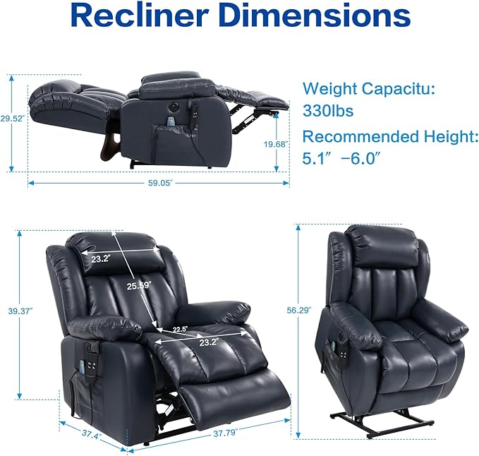 MAEVIS Power Recliner Chair, Lay Flat Sleeping Lift Chairs Recliner for Elderly with Heat and Massage,Comfy Real Breathable Leather Recliners with Dual OKIN Motor for Living Room (Blue)