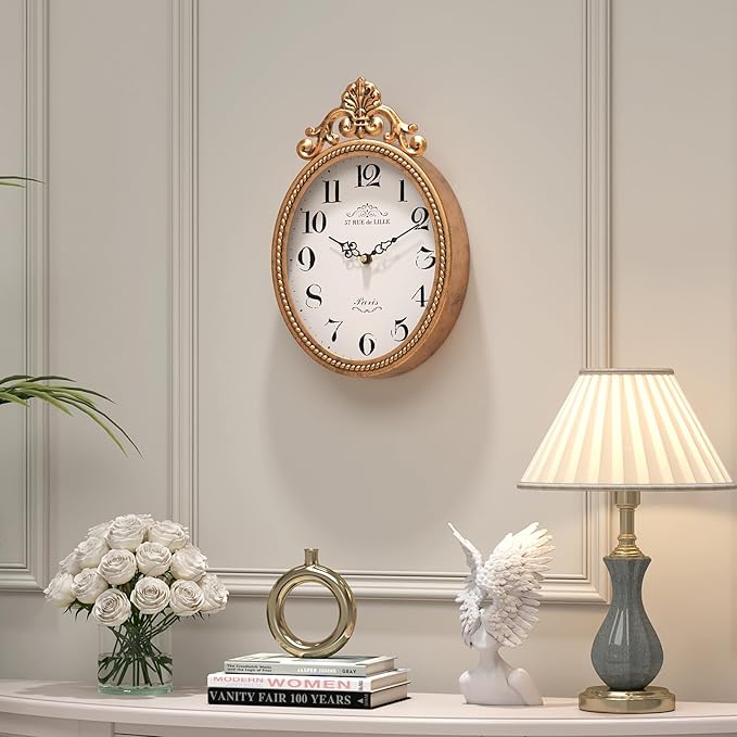 Abdurey Small French Retro Decorative Wall Clock, Antique Gold Vintage Oval Style,Silent Battery Operated Boho Decor Wall Clocks for Farmhouse,Kitchen,Bedroom,Bathroom(10.4" H x 6.7" W)