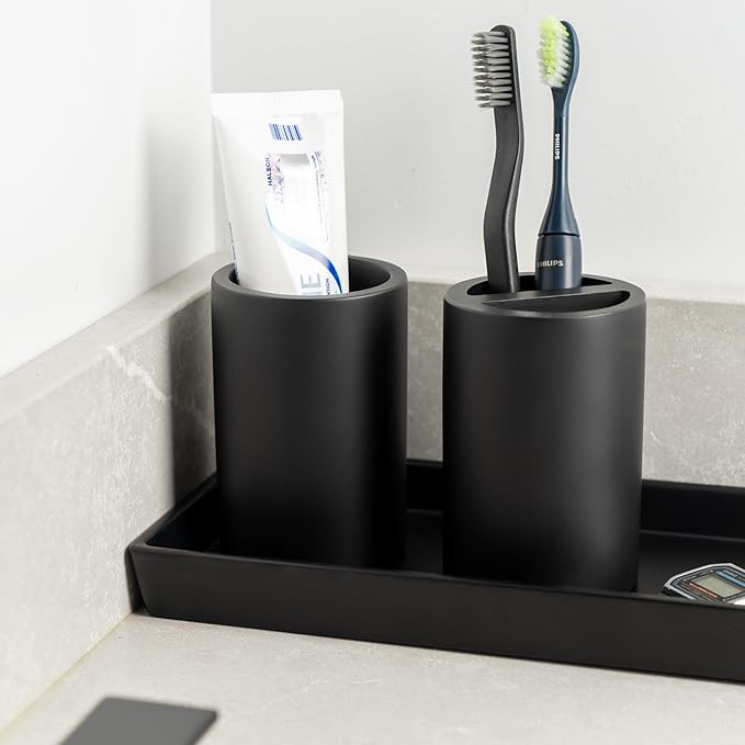 Matte Black Toothbrush Holder for Bathrooms – Modern Resin Countertop Organizer with Slots, Compact Toothbrush and Toothpaste Storage for Vanity, Hotel, Airbnb (Black)