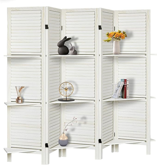 Room Divider with Shelves, Privacy Screen, Room Dividers and Folding Privacy Screens, 5 Panel Wood Temporary Wall Partition Separation Separator, White