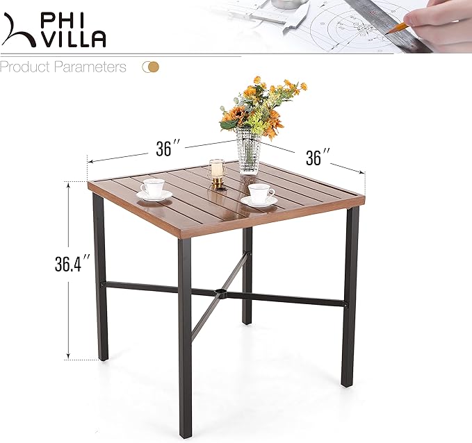 PHI VILLA 36"X36" Outdoor Metal Counter Height Table with 1.57" Umbrella Hole, Square Table with Teakwood-Brown Table Top and Black Table Legs for Outdoor and Indoor