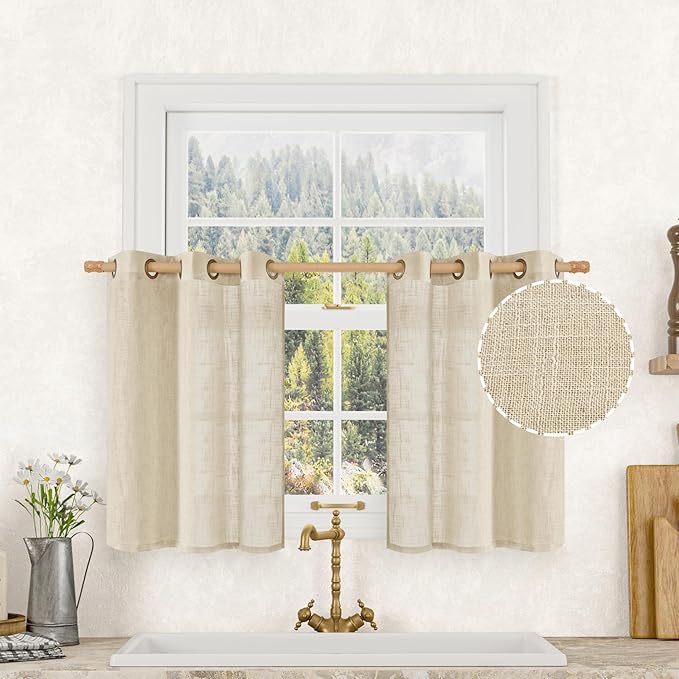 LAMIT Short Linen Curtains 36 Inch Length for Half Window, Semi Sheer Light Filtering Panels Bronze Grommet Drapes for Basement/Cafe, 2 Panels, Linen, 34 x 36 Inch