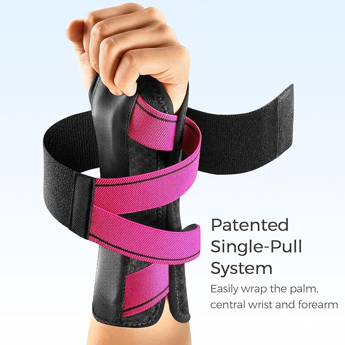 FREETOO Carpal Tunnel Wrist Brace Night Support Fit Right Hand for Work, Pain Relief Wrist Splint for Tendonitis, Sprain, Strain, Rigid Hand Brace for Arthritis for Women and Men (XS, Black/Pink)