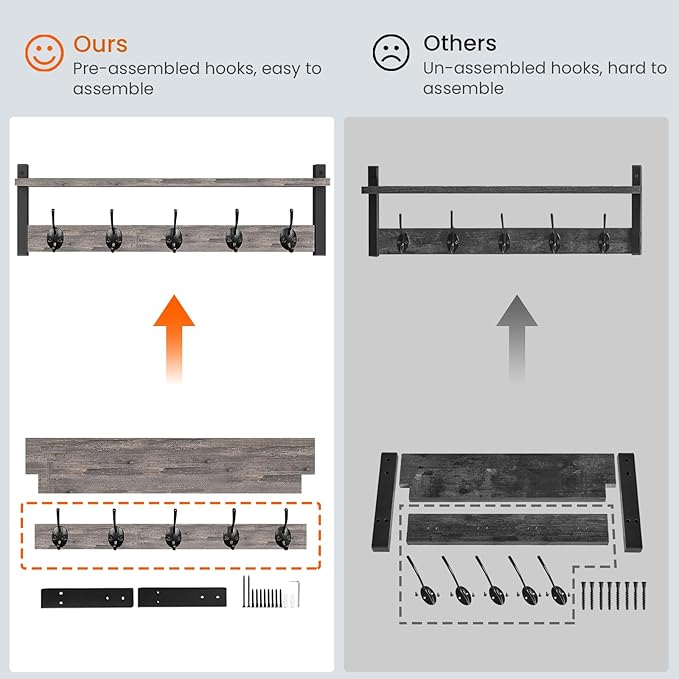 Homode Wall Hooks With Shelf, 24 Inch Coat Rack Wall Mount for Entryway, Clothes, Backpack, Key, Purse - Floating Shelf Hanging in Bathroom, Bedroom, Hallway, Rustic Grey