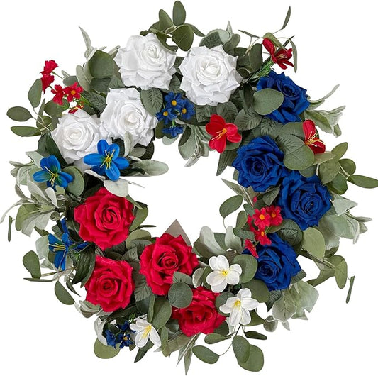 WANNA-CUL Patriotic Wreath Decorations, 24 Inch Rose 4th of July Wreaths for Front Door, Red White Blue Spring Door Wreath for Independence Day, Memorial Day for Indoor Outdoor Decor