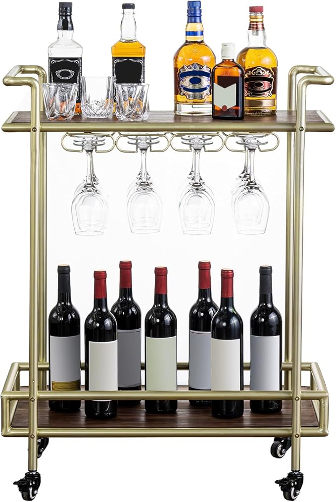 MyGift 2 Tier Rolling Bar Cart, Vintage Brass Tone Metal Cocktail and Wine Trolley with Burnt Wood Shelf Trays, Wine Glass Stemware Holder Rack and Lockable Wheels