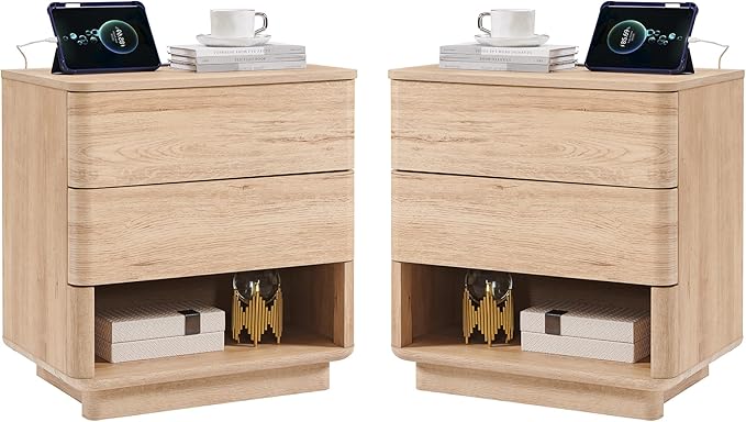 Nightstand Set of 2 with Charging Station, 22" Large Modern Bedside Table with 2 Drawers Storage,Push-to-Open End Table for Bedroom,Living Room,Natural Oak