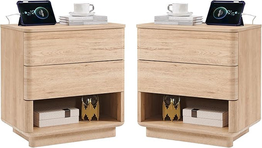 Nightstand Set of 2 with Charging Station, 22" Large Modern Bedside Table with 2 Drawers Storage,Push-to-Open End Table for Bedroom,Living Room,Natural Oak