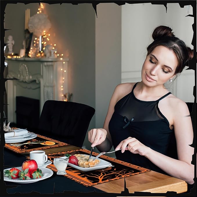 Umigy 6 Pcs Halloween Placemats 12"x18" Gothic Bat Placemats Kitchen Decoration Washable Witch Place Mats Rectangle Skull Table Mats for Halloween Dining Table Accessories(Black Orange Style)