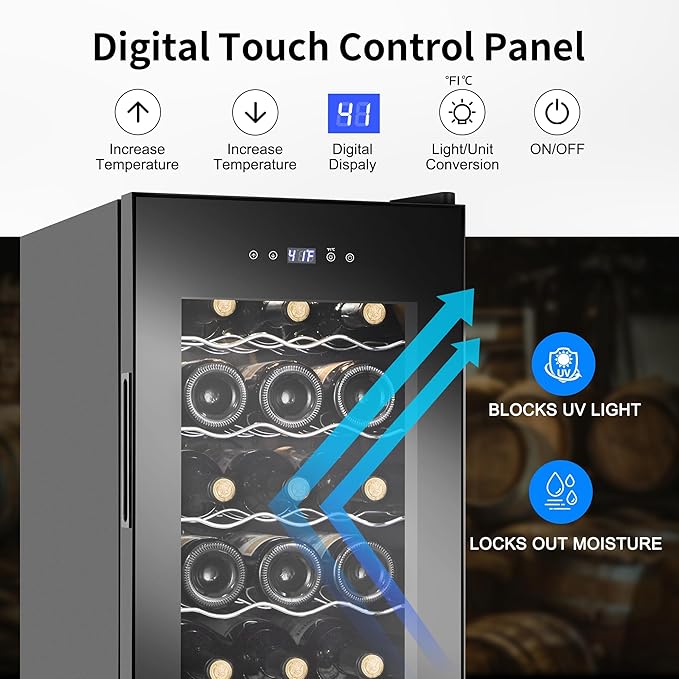 Wine Cooler Refrigerator 18 Bottles, Small Wine Fridge Mini Wine Fridge Countertop with Glass Door Wine Cellars for Red Wine, Champagne, Dry White Wine, Sparkling Wines