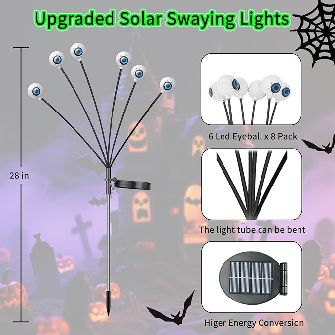 VOTTGO Halloween Solar Lights Outdoor, 8 Pack 48LED Scary Solar Eyeball Pathway Lights, 2 Modes Waterproof Swaying Solar Firefly Lights for Garden Yard Pathway Halloween Decorations, Green