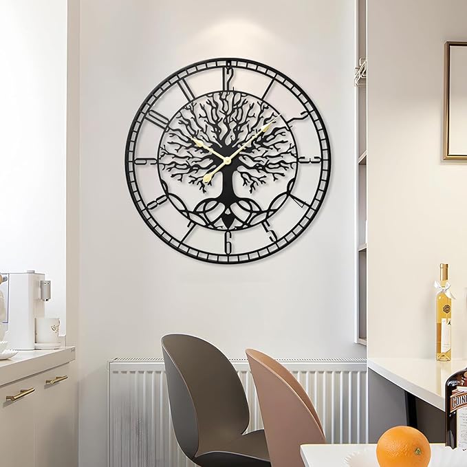 Tree of Life Wall Clock – Elegant 24-Inch Oversized Metal Farmhouse Decor for Living Room, Modern Battery Operated Wall Clock with Silent Operation