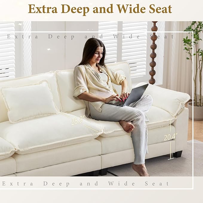 URRED Modular Sectional Sofa Comfy Cloud Couch, Modern Chenille Sofa Sleeper Deep Seat Couches with Ottoman/Pillows for Living Room (White, 117'')