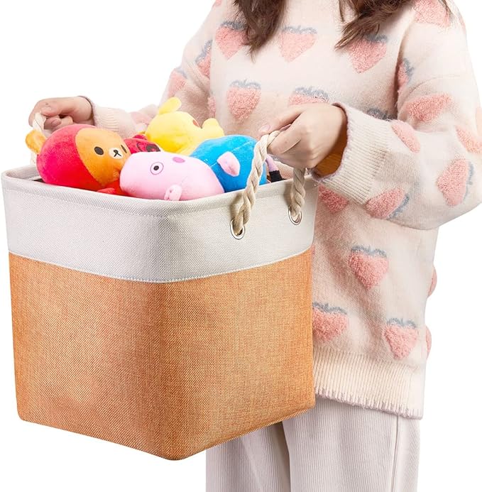 i BKGOO 3Pack Large Foldable Storage Bins，Collapsible Sturdy Cationic Fabric Organizing Storage Basket Cube with Cotton Handles for Home Office Shelf Clothes Toys Beige-Orange 13×13×13 inch