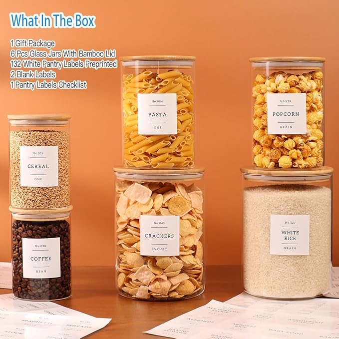 6-Pack Borosilicate Glass Storage Jars with Bamboo Lids + 132 Pre-Printed Pantry Labels Included, BPA-Free Thicken Airtight Containers for Flour, Sugar, Rice, Microwave & Freezer Safe(100OZ/54OZ/27OZ)