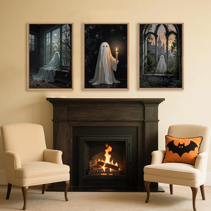 LHIUEM Large Halloween Cute Ghost Framed Canvas Wall Art Set,Vintage Spooky Wall Decor,Retro Dark Prints,Midnight Candle Poster Artwork for Living Room,Bathroom,Dining Room -16"x24"x3