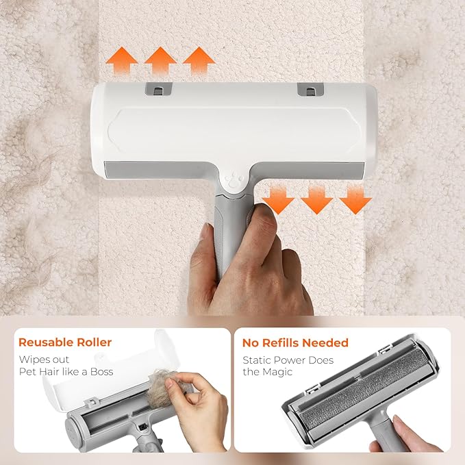 Pet Fur Remover - Pet Hair Roller Reusable for Cats and Dogs, One-Button Pop-Open, Static Cling Technology, Self-Cleaning Design