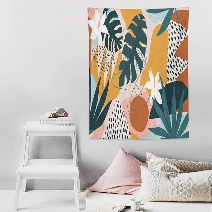 Abstract Bohemian Mid Century Tapestry, Tropical Leaves Modern Geometric Archway Minimalist Bohemian Botanical Aesthetic Wall Hanging, Sage Green Gold Home Decor Art for Bedroom 40x60 Inch