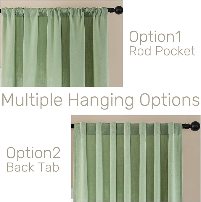Joydeco Linen Curtains for Living Room,Light Filtering Rod Pocket Back Tab Semi Sheer Drapes Window Long Curtains 63 inches Long Sage Green