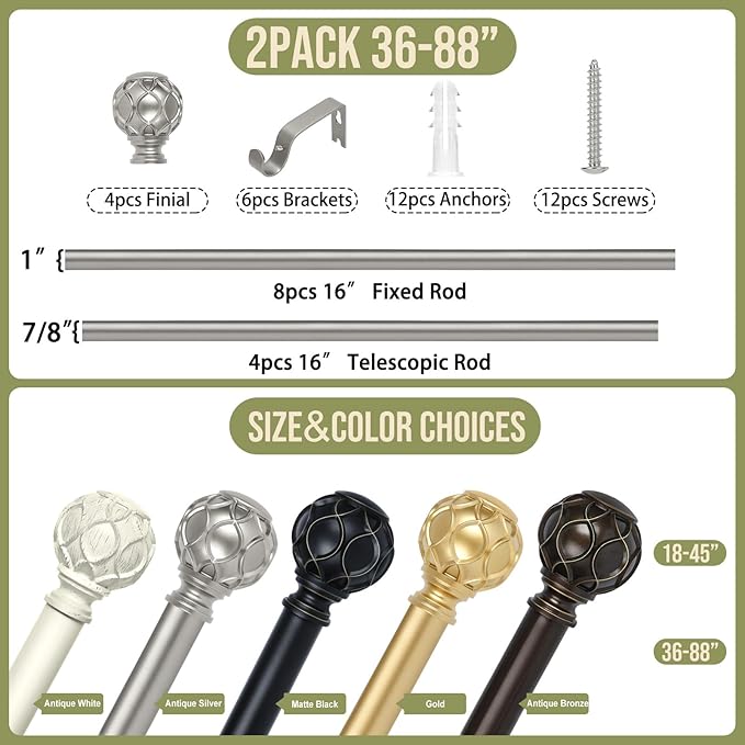 Silver Farmhouse Curtain Rods for Windows:Heavy Duty Adjustable Curtain Rod for Bedroom Living Room,Boho Decorative Rustic Drapery Rods with Vintage Coastal Finial,Antique Silver 2 Pack 36-88"