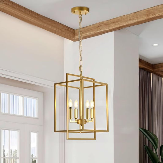 Farmhouse Gold Chandelier, 4-Light Vintage Chandeliers for Dining Room, Adjustable Modern Rustic Metal Hanging Pendant Light Fixture for Entryway Foyer Kitchen Island Hallway