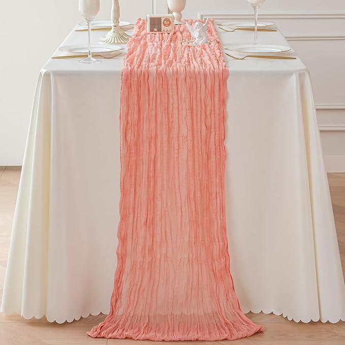 Sioloc 1 Pack Peach Coral Cheesecloth Table Runner Fall Autumn Decor for Home 10ft Table Cloth for Tea Wedding Birthday Party Baby Bridal Shower Halloween Thanksgiving