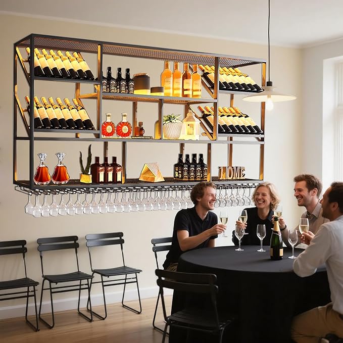 70.8Inch Wall Mounted Wine Rack, 3 Tiers Large Bar Shelves with 18 Glass Holder, Metal Wine Bottle Display Shelf, Modern Iron Liquor Shelf, for Kitchen Dining, Home Bar, Cellar (70.8" W)