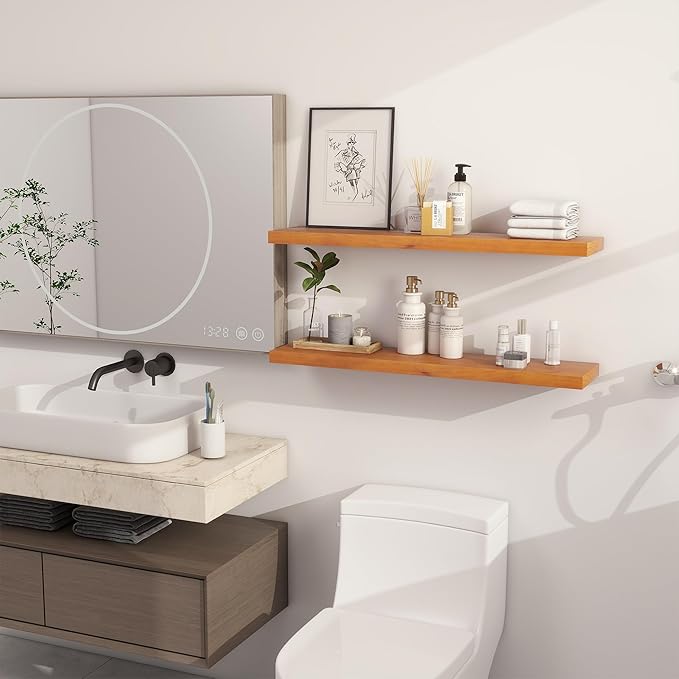 Light Brown Floating Wall Shelves 36 Inches Long x 8”x 1.4” Shelf Floating Rustic Farmhouse Decor, Heavy Duty Shelf Hold 80 lbs, Wall Shelves for Bathroom Living Room Kitchen Bedroom Office