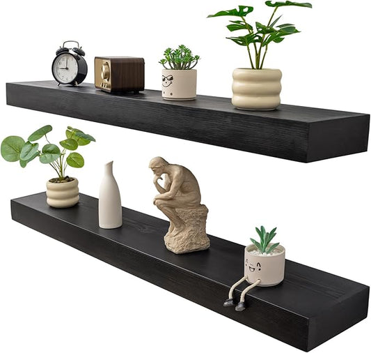 Floating Shelves 3 inch Thick for Wall Set of 2,Solid Pine Wood Wall Mount Shelf for Kitchen Living Room Bedroom Bathroom,8" D x 48" L x 3" H-Black