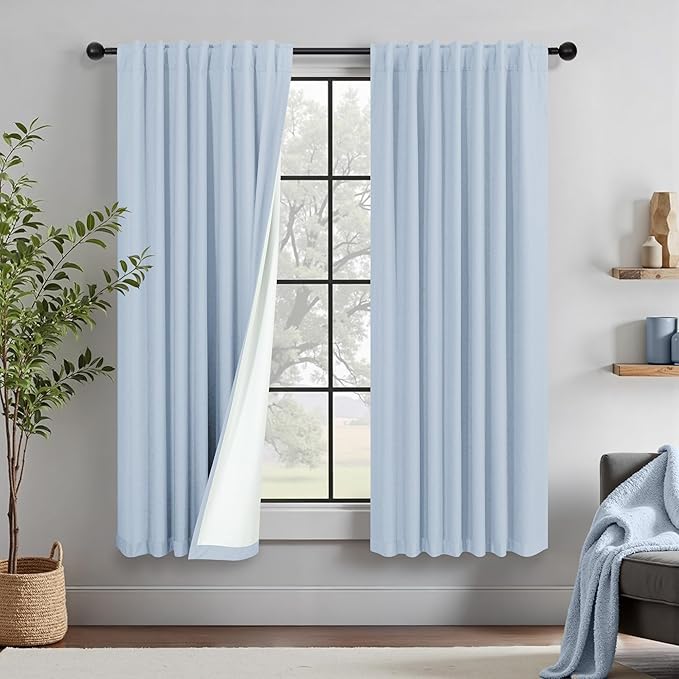 Light Blue Linen Curtains for Bedroom 63 Inch Length 2 Panel Cute Blackout Textured Darkening Light Heat Reducing Curtains for Kids Room Teen Girls Nursery Breakfast Nook Sky Blue Drape 63 Long Window