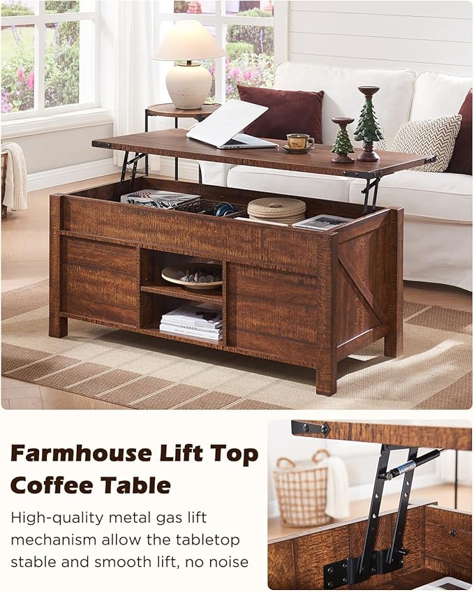 OKD 48" Farmhouse Lift Top Coffee Table with Sliding Barn Door,Rustic Center Table with Hidden Storage Compartment,Lifting Tabletop and Adjustable Shelf for Living Room,Office,Reclaimed Barnwood
