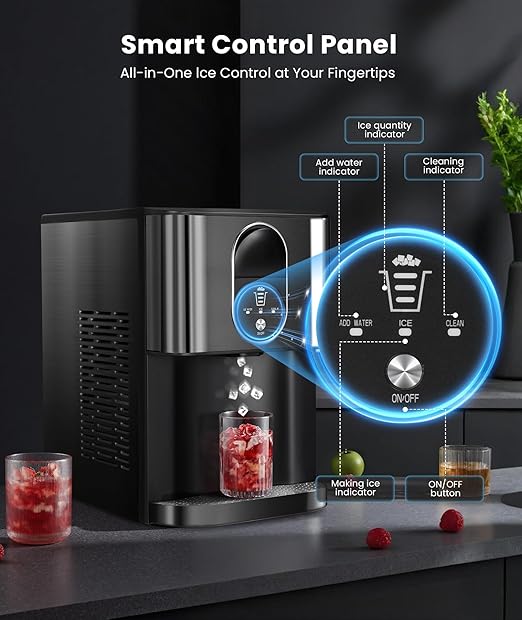 Nugget Ice Maker Countertop, 44lbs/24H Soft Chewable Pellet Ice Maker Machine Dispenser with Water Reservoir, Self-Cleaning, Pebble Ice Machine for Home Kitchen, Office, Black Stainless