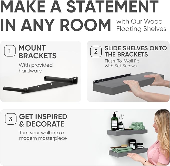 Homeforia Gray Floating Bathroom Shelves, High End Solid Real Wood 16 inch Small Floating Shelf for Wall Mounted, Grey Wooden 16 in Floating Shelves, Heavy Duty Bracket, 16 X 6.5 X 1.75 inch, Set of 2