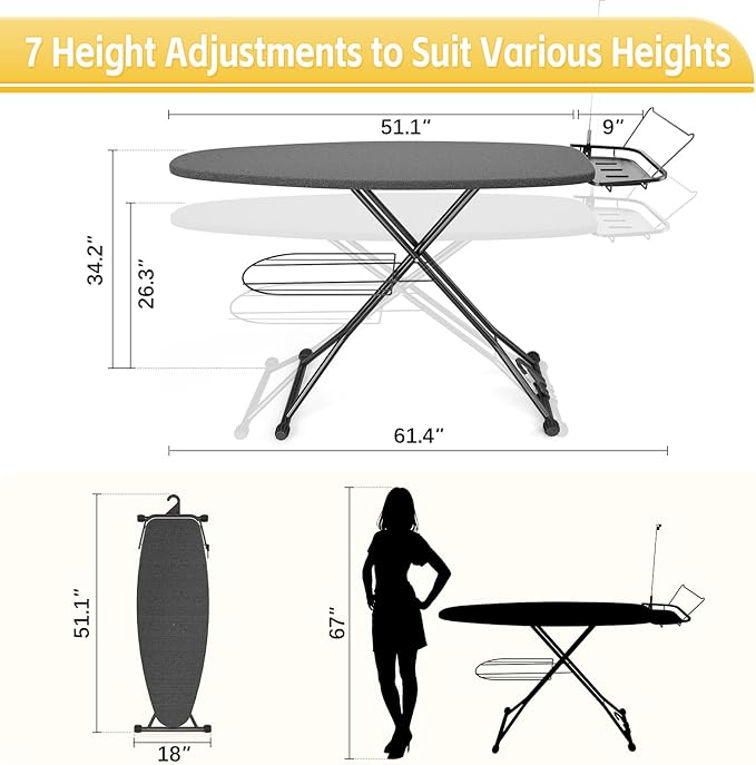 Full Size Ironing Board, 18x51 Iron Board with Metal Panel Stretchable Iron Rest, Adjustable Height Heavy Duty Heat & Scorch Resistant Cover Ironing Board, for Home, Laundry, Black
