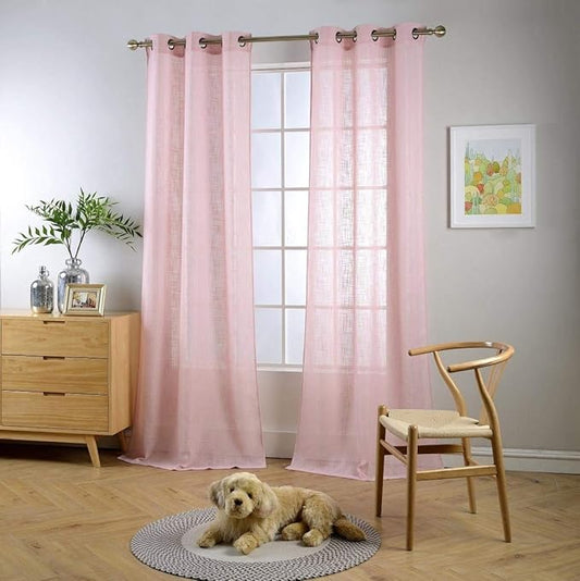 MIUCO Semi Sheer Curtains Poly Linen Textured Solid Grommet Curtains 95 Inches Long for Bedroom 2 Panels (2 x 37 Wide x 95" Long) Pink