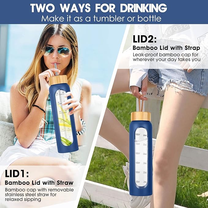 32 oz Glass Water Bottle with Straw - Motivational Time Marker & Silicone Sleeve - Reusable Tumbler Includes 2 Bamboo Lids & Fruit Infuser - 1 Pack