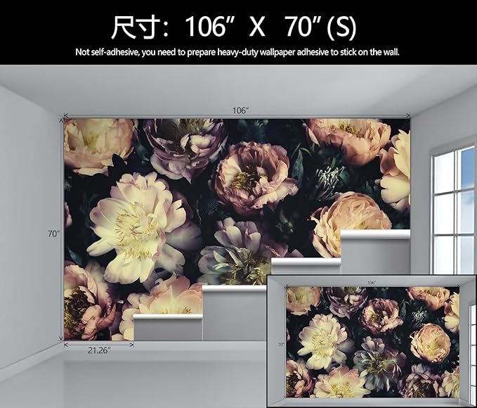 Dark Vintage Floral Wallpaper Large Peony Flowers Wall Mural Bedroom (Not Peel and Stick)