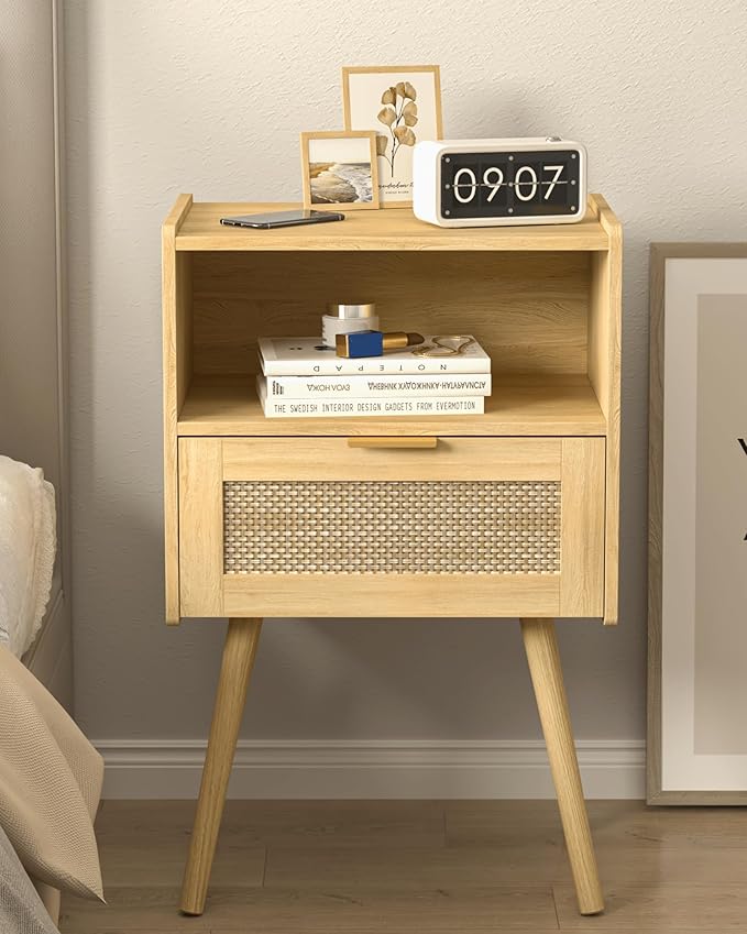 Rattan Nightstand,Modern Bedside Table with Storage Drawer and Open Wood Shelf, for Living Room, Bedroom and Small Spaces, Accent Night Stand with Solid Wood Legs, Easy Assembly,(Oak)