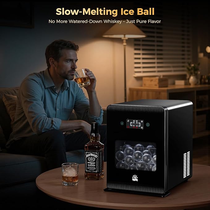 Whiskey Clear Ice-Ball Maker - 2" Slow-Melting Sphere Ice Maker, 4 pcs in 30 Mins 144 Pcs/Day, Round Cube Machine with Automatic Freeze Tech, Water Supply Self-Cleaning for Scotch, Bourbon