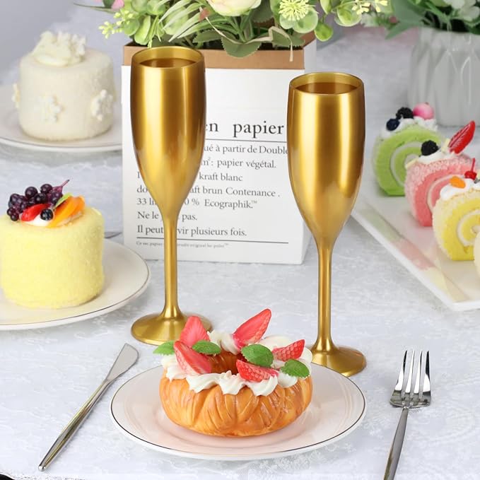 XUWAIDSGN Acrylic Champagne Flutes Toasting Glasses Unbreakable Mimosa Bar Reusable Wine Glasses Vintage Champagne Flutes Stemmed Drinking Cups 5.4 OZ for Christmas Birthday (10, Gold)