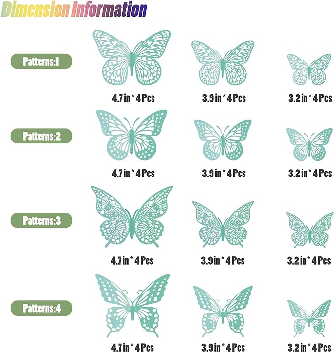 SAOROPEB 3D Butterfly Wall Decor 48 Pcs 4 Styles 3 Sizes, Butterfly Birthday Decorations&Butterfly Party Decorations&Butterfly Cake Decorations-Removable (Pale Turquoise)