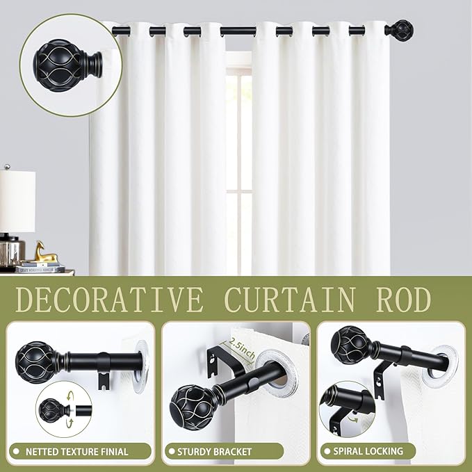 Black Adjustable Curtain Rods for Windows:18-45" Farmhouse Heavy Duty Curtain Rod for Bedroom Living Room,Boho Decorative Rustic Drapery Rods with Vintage Coastal Texture Finial,Matte Black