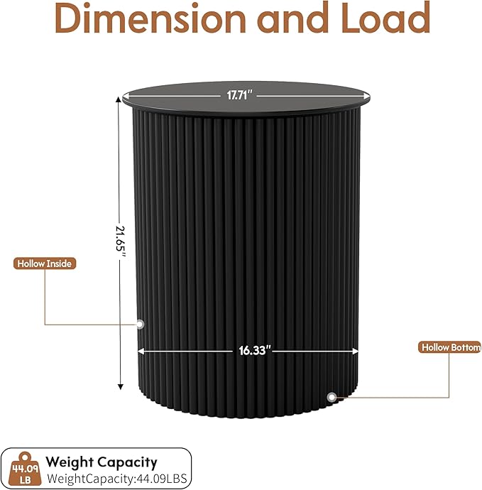 AVZEAR Fluted Round Side Table Small Mid Century End Table, 17.7" Fluted Nightstands Modern Circle Bedside Tables, Black Wood Night Stand for Small Spaces, Living Room, Bedroom (Black)