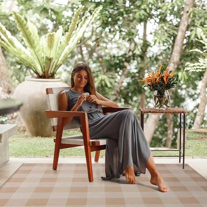 CAMILSON Outdoor Rug - Modern Area Rugs for Indoor and Outdoor Patios, Kitchen and Hallway mats - Easy Cleaning Non Shedding Washable Outside Carpet (8x10, Buffalo - Beige/White)